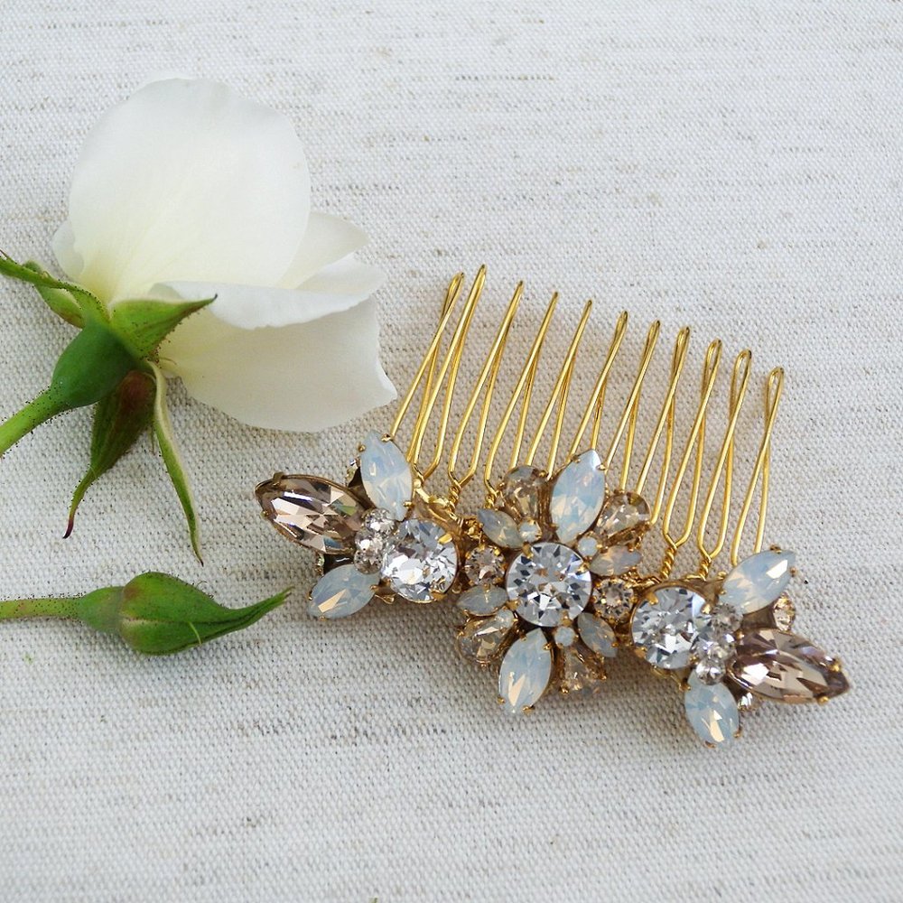 Haute Bride Small Crystal Bridal Hair Comb, Gold, Champagne, Opal NWT